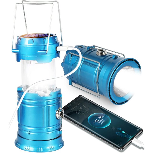 Azul-1 pieza Luz solar para acampar Luz LED con batería recargable (con recarga) Linterna de senderismo Luz solar para exteriores Luz para carpa Camping/Pesca/Apagón