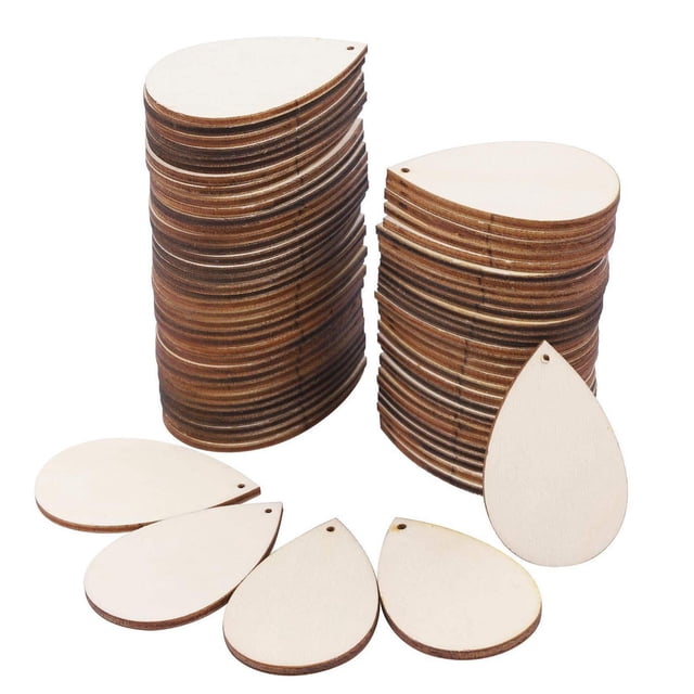 100 piezas de rodajas de madera sin terminar, recortes de madera sin terminar en forma de lágrima para manualidades, decoraciones colgantes para fiest