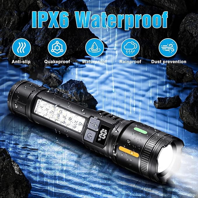 2pack High Lumens Rechargeable Flashlights,7Modes Super Bright Waterproof Handheld Powerful Flashlight with COB Sidelight and LCD Power Display for Emergencies/Home/Camping/Outdoor