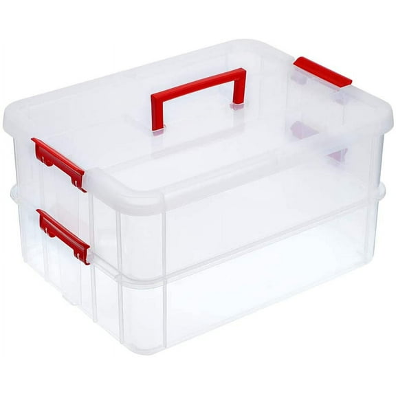 2 Layer Stack & Carry Box, Plastic Multipurpose Portable Storage Container Box Handled Organizer Storage Box for Organizing Stationery, Sewing, Art Craft, Jewelry and Beauty Supplies(Red)
