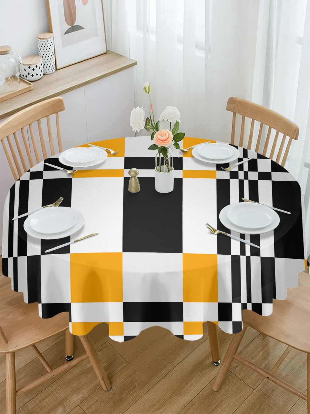 Round Tablecloth Yellow Black Squares Waterproof Oil Proof Polyester Table Cloth Cover Decor for Home Dining Outdoor,Patio,Parties, 54" Dia. Abstract Geometric Art