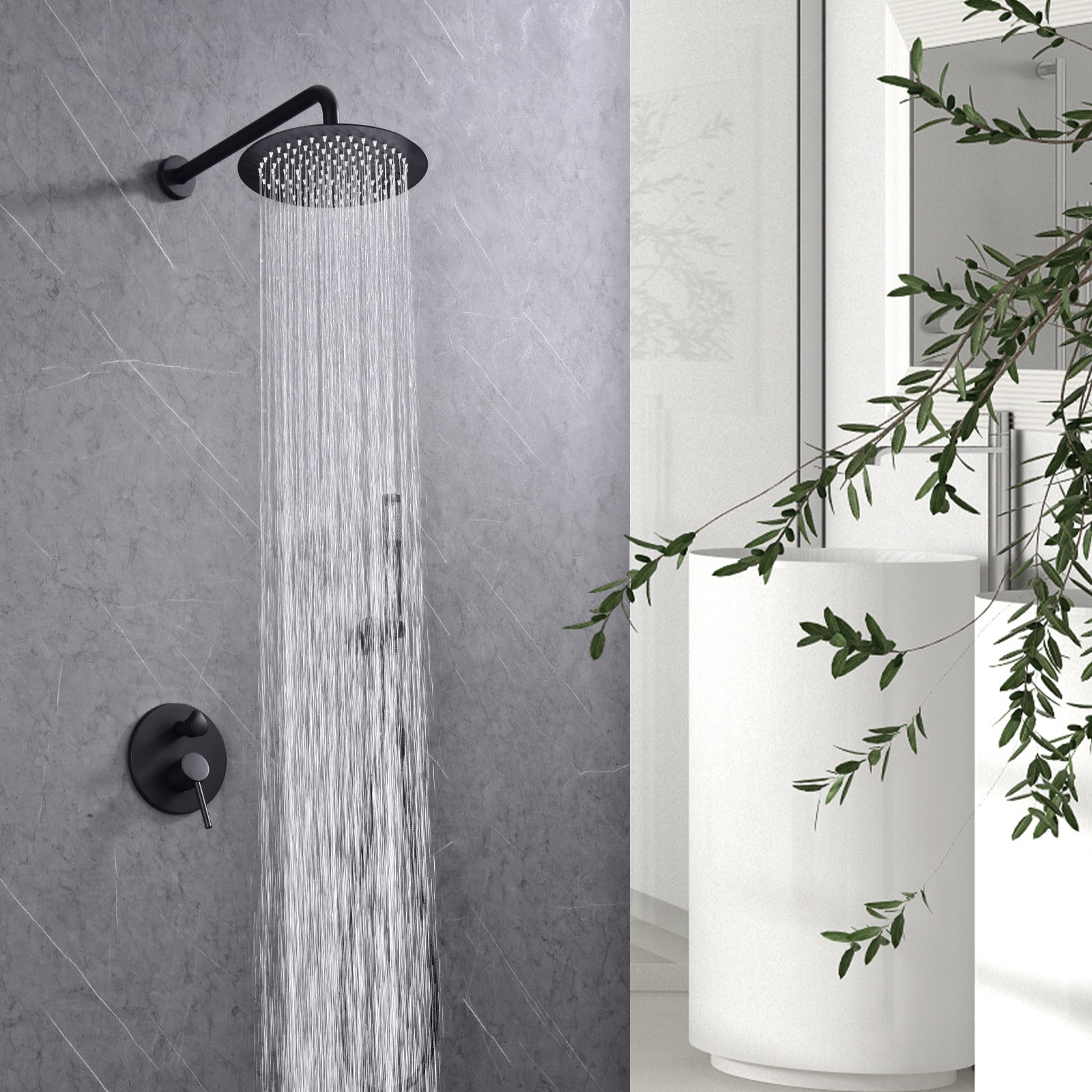 Dawot Shower System Faucet Set, Matte Black 10" Roud Rain Shower Head and Handheld Shower Head Kit, Wall Mounted Shower Trim Kit with Valve