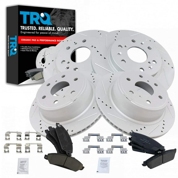 TRQ Front & Rear Performance Drilled & Slotted Rotor & Posi Ceramic Pad Kit