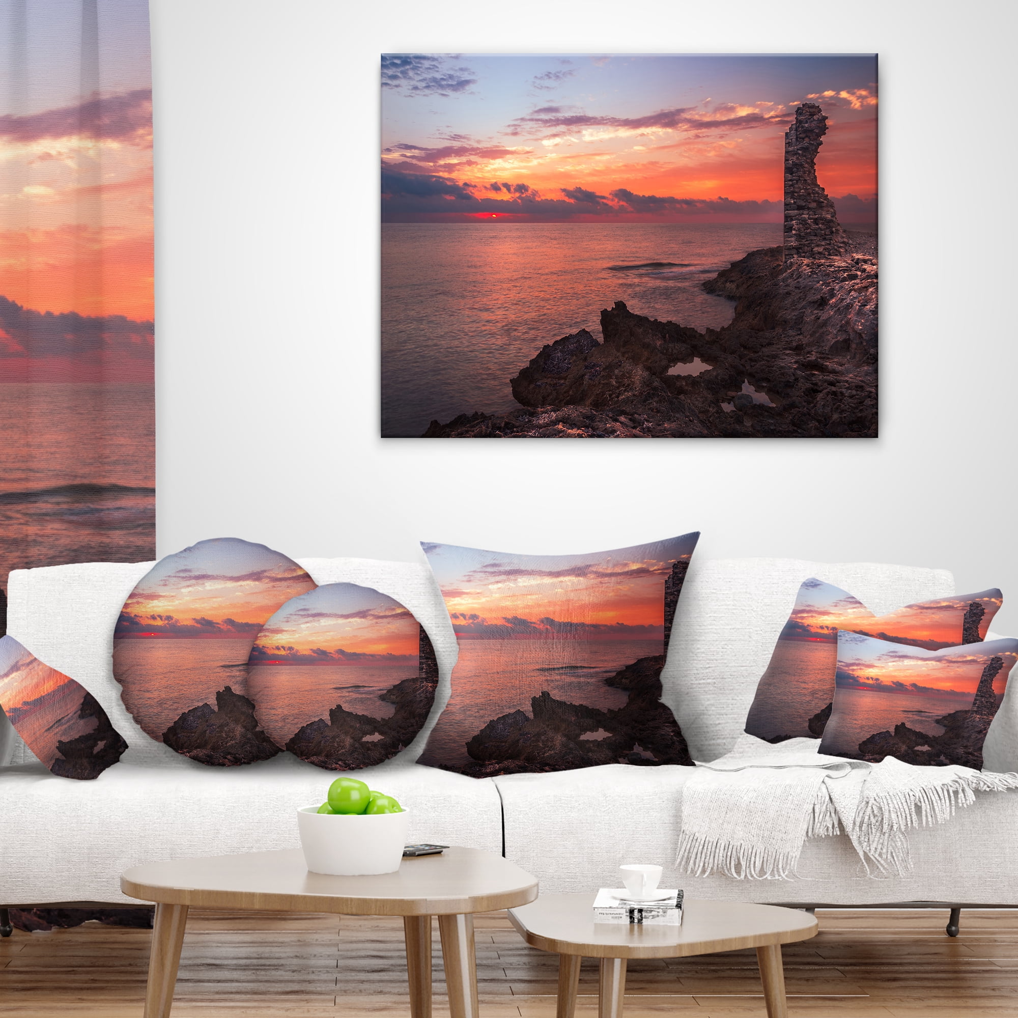 Designart Red Rocky Beach with Ancient Ruins - Oversized Beach Throw Pillow - 12x20