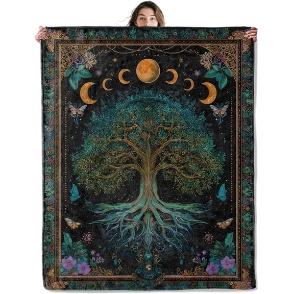 Tree of Life Throw Blanket Soft Cozy Lightweight Flannel Blankets with Vintage Butterfly Moon and Flower Printed for Adults Bedroom Dorm Office Mystical Nature Decor Gifts 60x80 Inch