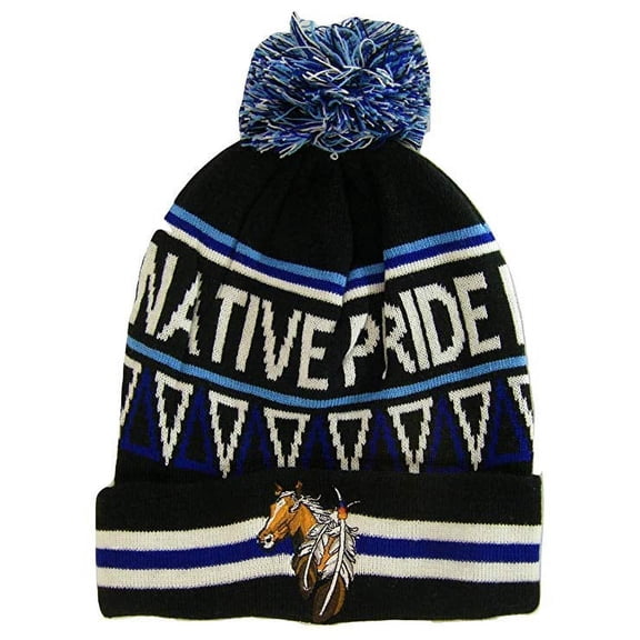 Native Pride Horse Cuffed Knit Winter Hat Pom Beanie (Black)