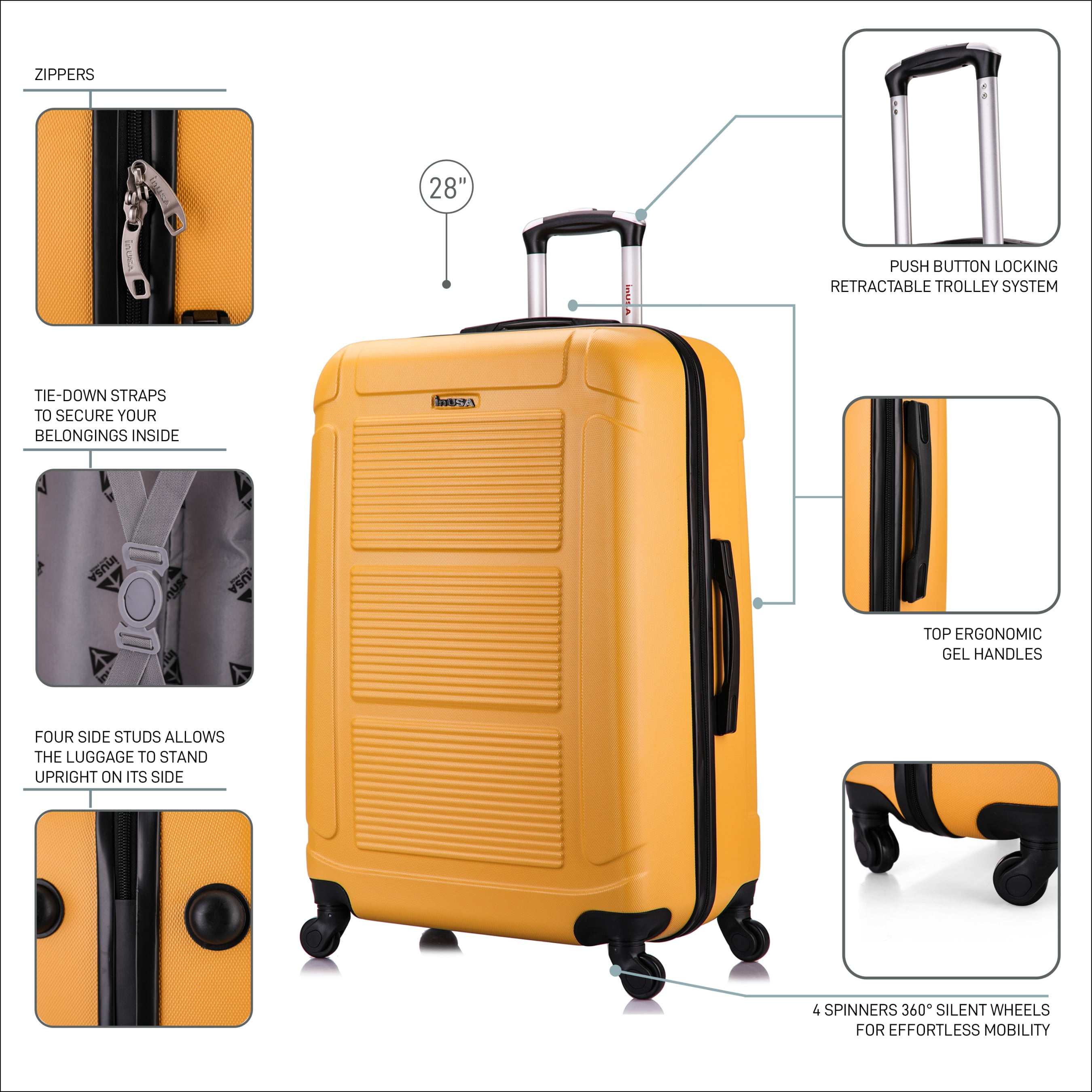 InUSA Pilot 28" Hardside Lightweight Luggage with Spinner Wheels, Handle, and Trolley, Mustard