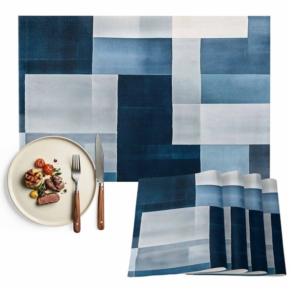 Abstract Blue Checkered Placemats Set of 12, Modern Watercolor Art Table Mats Washable Heat-Resistant Non-Slip Place Mats for Kitchen Dinner Table Indoor Outdoor Decor,13x19 Inch