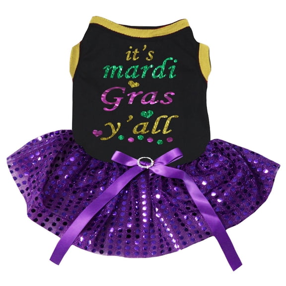 Petitebelle It's Mardi Gras Y'all Puppy Dog Dress (Black/Purple Sequins, Small)