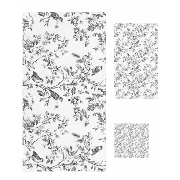 Black Botanical Towel Set of 3, Soft Microfiber Bath Towels, Hand Towel, Washcloths, Watercolor Birds Summer Spring Quick-Dry Absorbent Towels for Bathroom Kitchen Hotel Beach Gym Spa