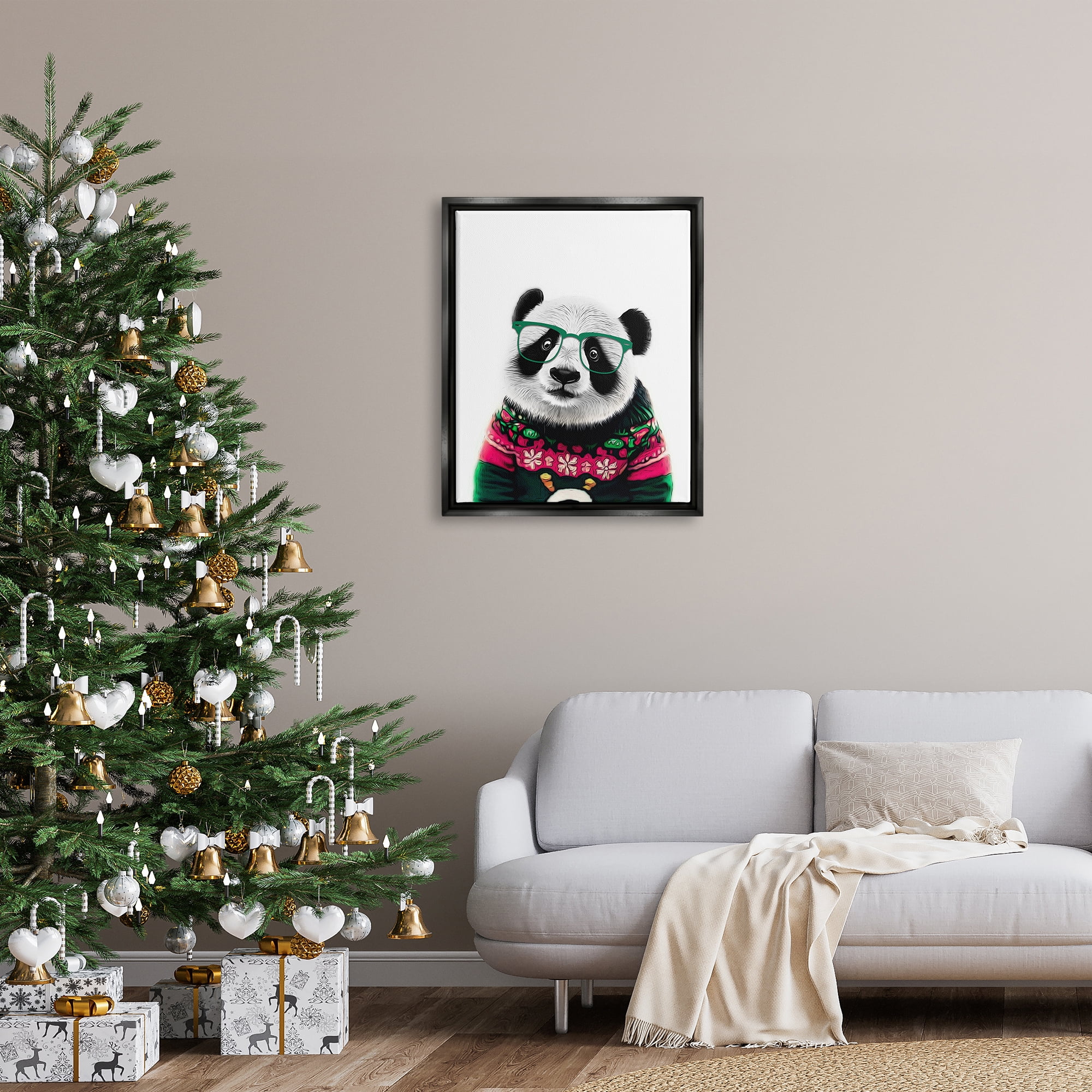 Stupell Industries Panda in Holiday Sweater Holiday Painting Black Floater Framed Canvas Art Print Wall Art, 25 x 31
