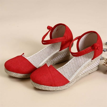 

HAOTAGS Women s Ankle Strap Platform Wedges Sandal Wedge Casual Summer Shoes Red Size 9