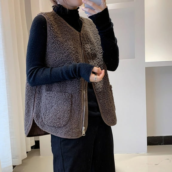 Pounoo Oversized Vest Women Fuzzy Fleece Sleeveless Vests Button Down Teddy Coat Gilet for Winter with Pockets