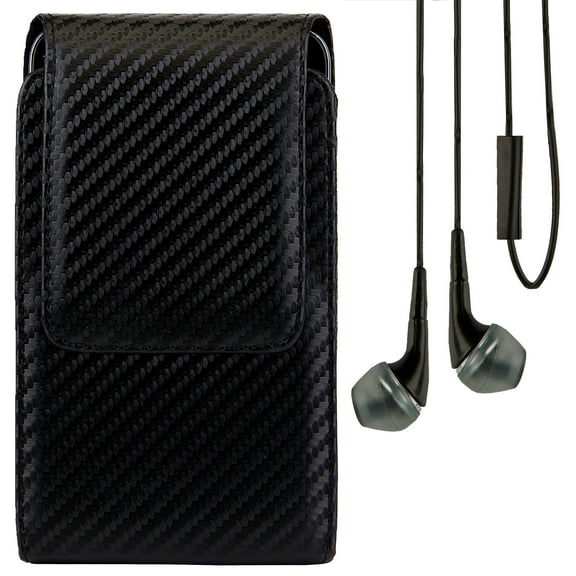 BUNDLE: Professional Carbon Fiber Design Vegan Leather Vertical Smartphone Holster Case (Black) & Deluxe Stereo Hands-Free Headset - fits Smartphones up to 6.2-inch iPhone XR/XS/X/8 Galaxy S10/S9 BLU