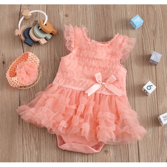 Newborn Baby Girls Peach Cake Smash Frill Romper Dress with Headband 3-6M