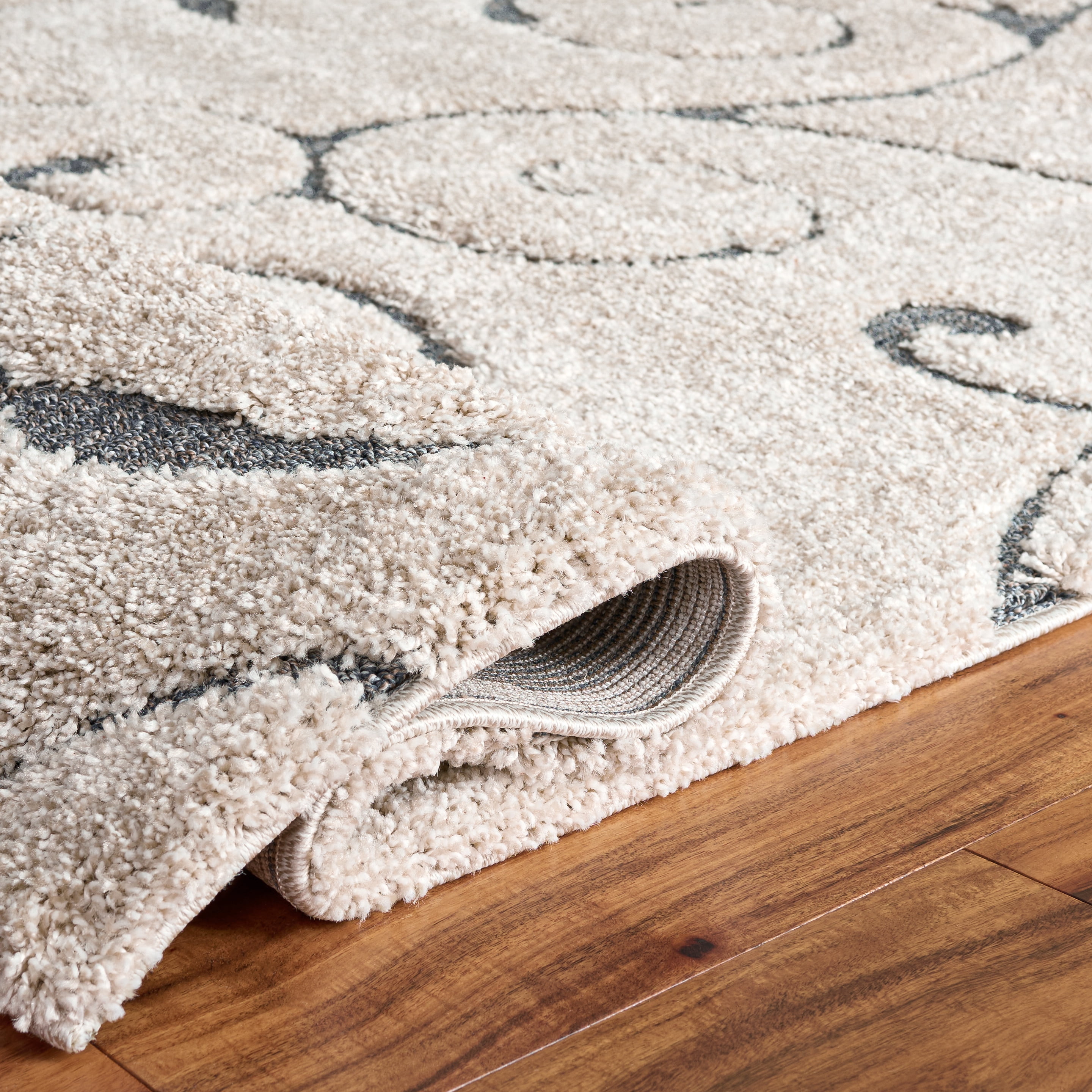 SAFAVIEH Florida Doug Floral Vines Geometric Shag Area Rug, Beige/Blue Grey, 9' x 9' Round - Large - Transitional Modern Design, Beige & Blue Grey, Non-Shedding & Easy Cleaning, Ultra Plush Thick Pil