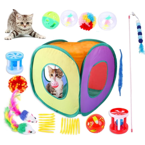 Hengbo  15PCS Cat Toys Kitten Toys Combination Tunnel Interactive Cat Toys Cat Tunnel Tease Cat Stick Colorful Mouse Plush Ball Bell Ball for Cats