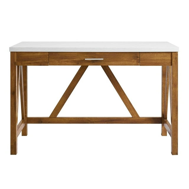 46" Wood A-Frame Desk with Natural Walnut Base and White Faux-Marble Top