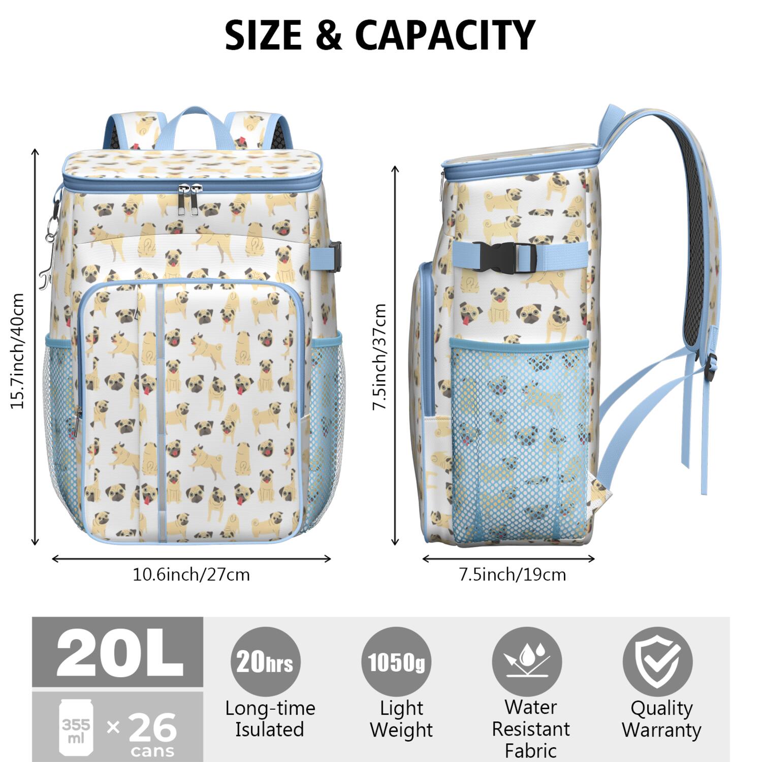 Travel Cooler Bag - Cute Cartoon Pug Camping Beer Cooler Backpack with Bottle Opener- Waterproof Insulated Picnic Backpacks - Cooler Bag for Beach