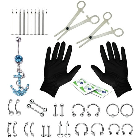 - BodyJ4You 36PC PRO Piercing Kit Steel 14G 16G Anchor Belly Ring Tongue Tragus Nipple Jewelry