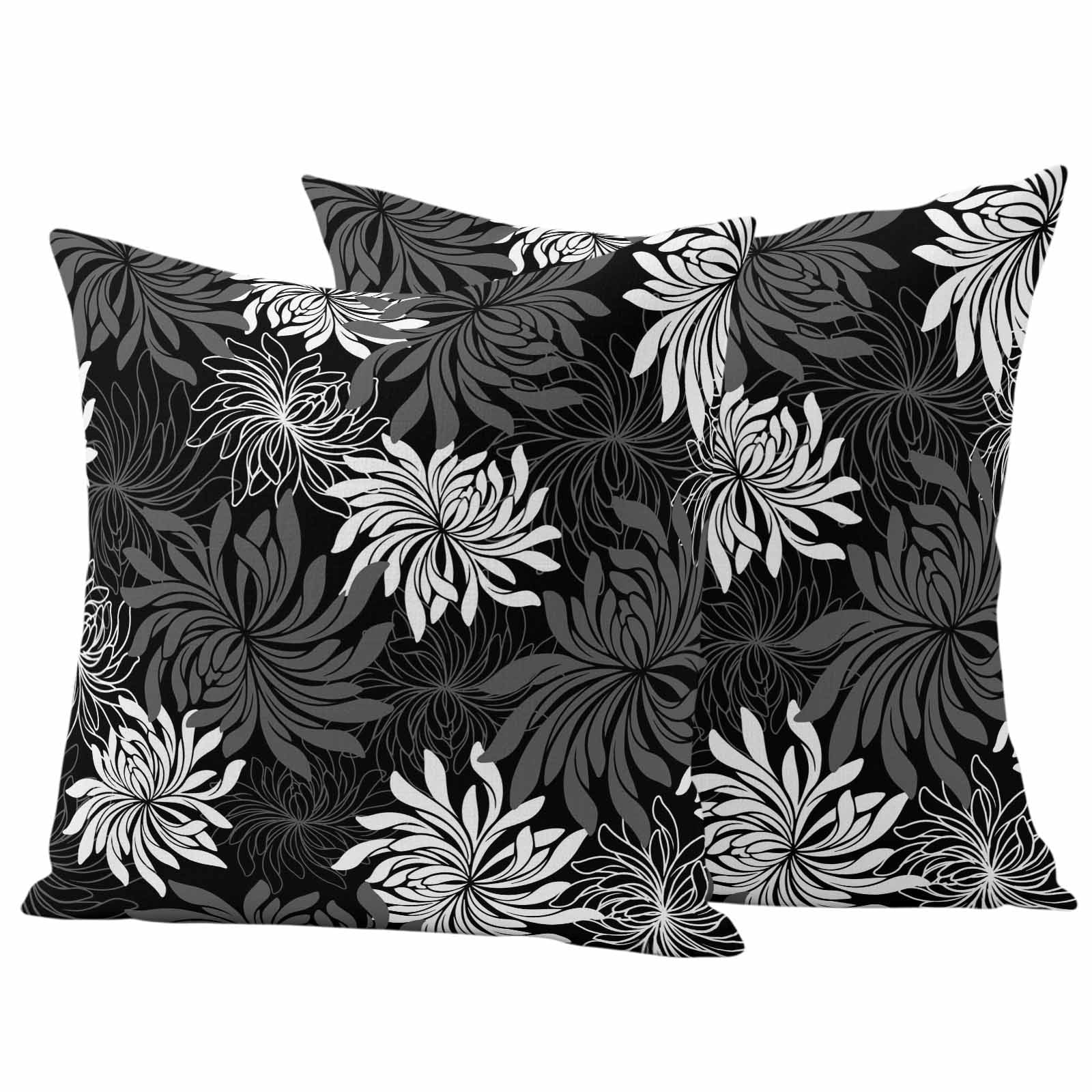 Black Grey Flowers Outdoor Waterproof Throw Pillow Covers 20x20 Set of 2, Modern Abstract Blooms Floral Decorative Pillowcases Cushion Pillowcase for Couch Sofa Patio Outside Pillow Protector