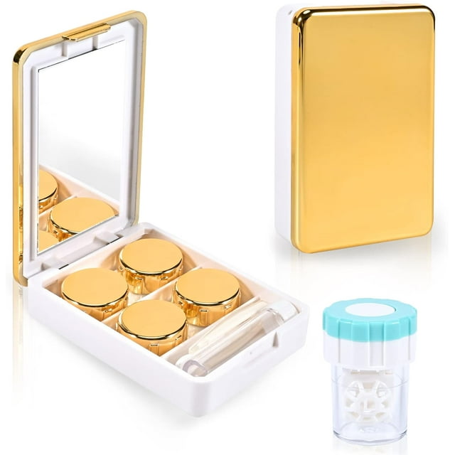 Vordrassil MC2 Contact Lens Case with Manual Contact Lens Cleaner Machine, Portable Contact Box with Mirror Tweezers Remover Tool Solution Bottle for Daily Outdoor Travel. (Gold)