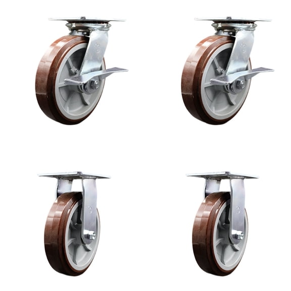 8 Inch Polyurethane Caster Set with Roller Bearing 2 Brakes and 2 Rigid SCC