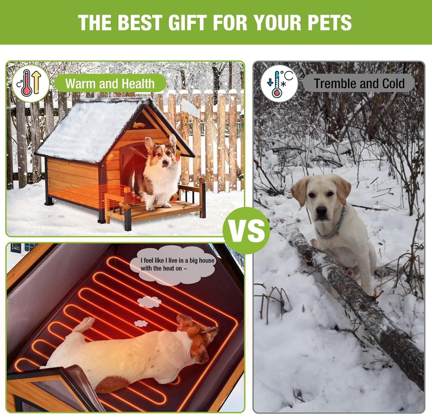 MEDEHOO Dog House Outdoor Heated Dog Kennel with Insulated Liner for Winter Metal Frame Dog House for Small Medium Large Dogs, Waterproof Roof Large