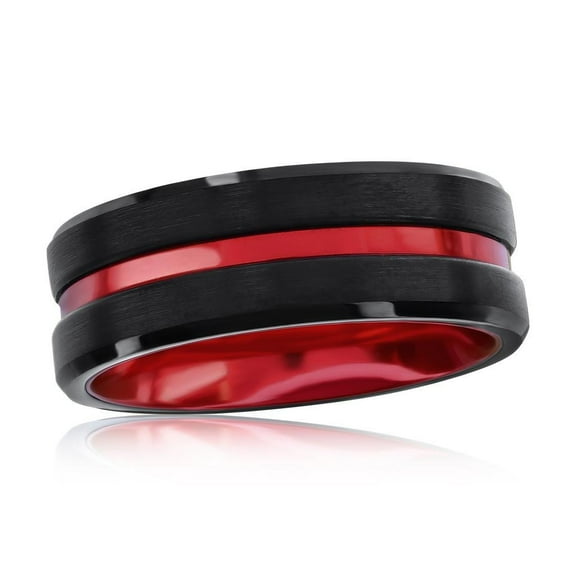 Beaux Bijoux Men's Black and Red Stripe Tungsten Ring | Men's Trendy Ring | Matte and Polished Rings for Men-9
