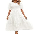 thumbnail image 2 of Femmes Été Bouffée Manches Robe Smocked Floral en Vrac Fluide Robe Haute Taille Dentelle Florale Étagée Midi Robe Bleu Ciel XL, 2 of 4