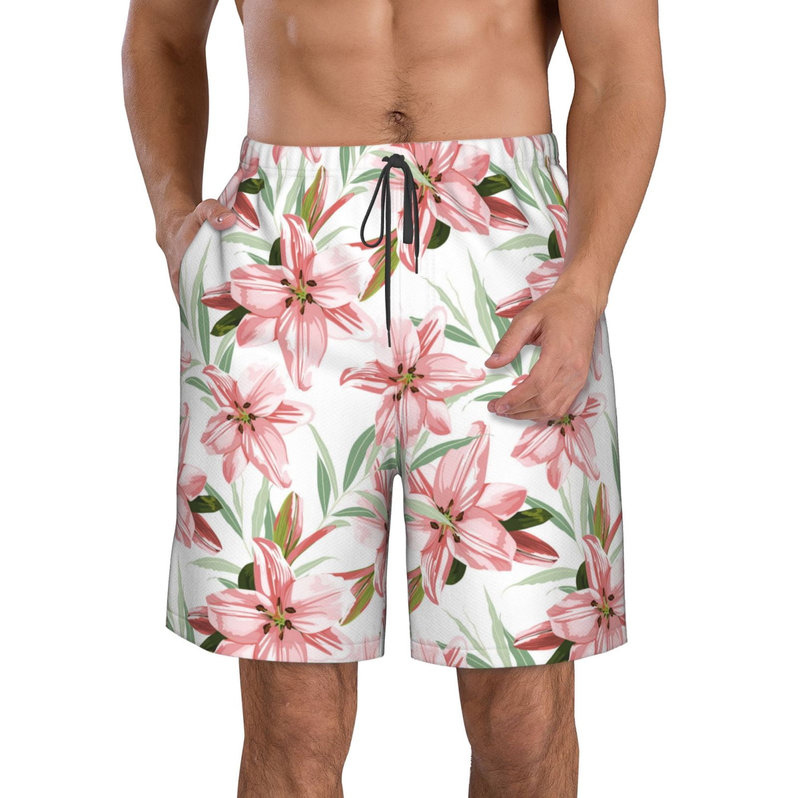 Goofa Lys Fleurs Imprimées Maillots de Bain Hommes Été Séchage Rapide Court Plage Maillots de Bain-Petit