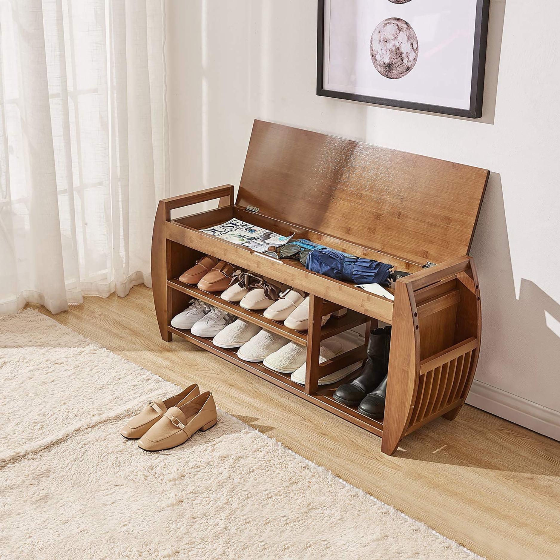 BALANBO Bamboo Shoe Rack & Shoe Bench, Entryway Storage Organizer, Multi Function for Hallway Bathroom Living Room Corridor and Garden, Detachable Cushion with Hidden Storage Compartment