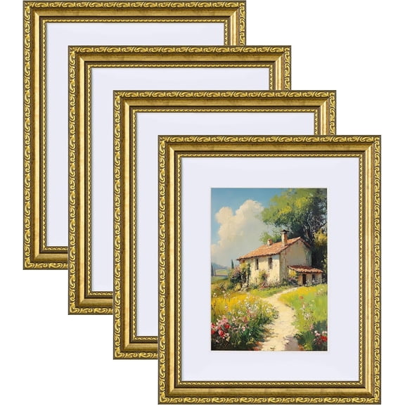 HBlife 8x10 Picture Frames Set of 4, Vintage Gold Photo Frames with Glass, Display 5x7 Photo with Mat or 8x10 without Mat