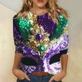thumbnail image 2 of QATAINLAV Mardi Gras Printed Shirts for Women Fashion 3/4 Sleeve Crewneck Mask Graphic Tee Blouses Funny Parade Party Tunic Tops Purple XXXL, 2 of 6