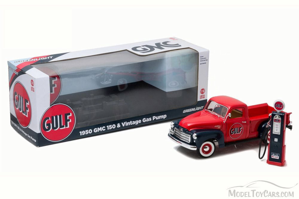 1950 GMC 150 Pickup Truck Gulf Oil w/ Vintage Gas Pump, Red - Greenlight  12984 - 1/18 Scale Diecast Model Toy Car