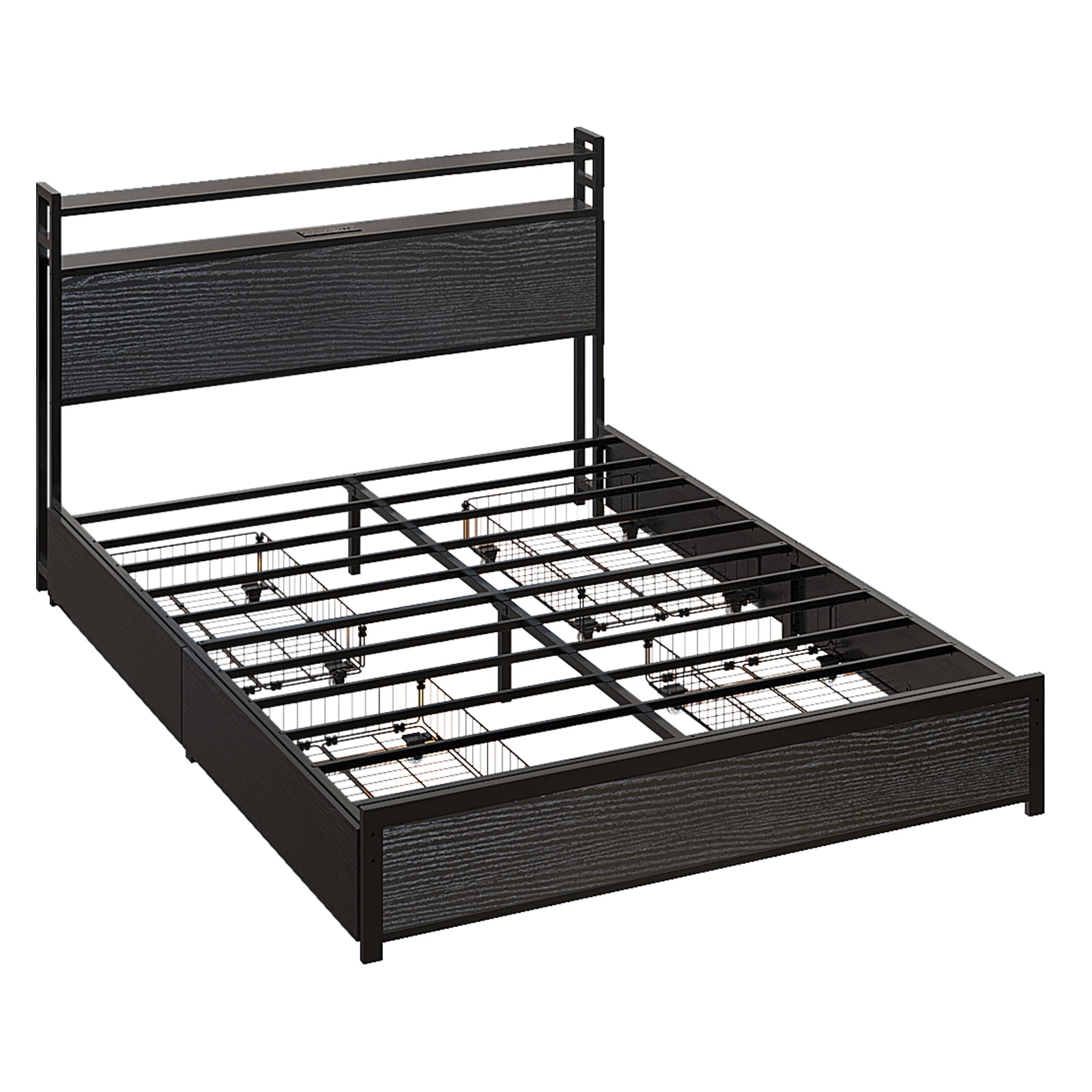 Ktaxon King Size Bed Frame with Charging Station & LED Storage Headboard, Metal Platform Bed Frame with 4 Underbed Drawers for bedroom, Black