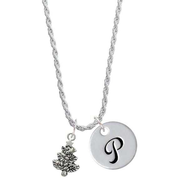 Delight Jewelry Silvertone Antiqued Christmas Tree Silvertone Script Initial Disc - P - Charm Necklace, 20"+3"