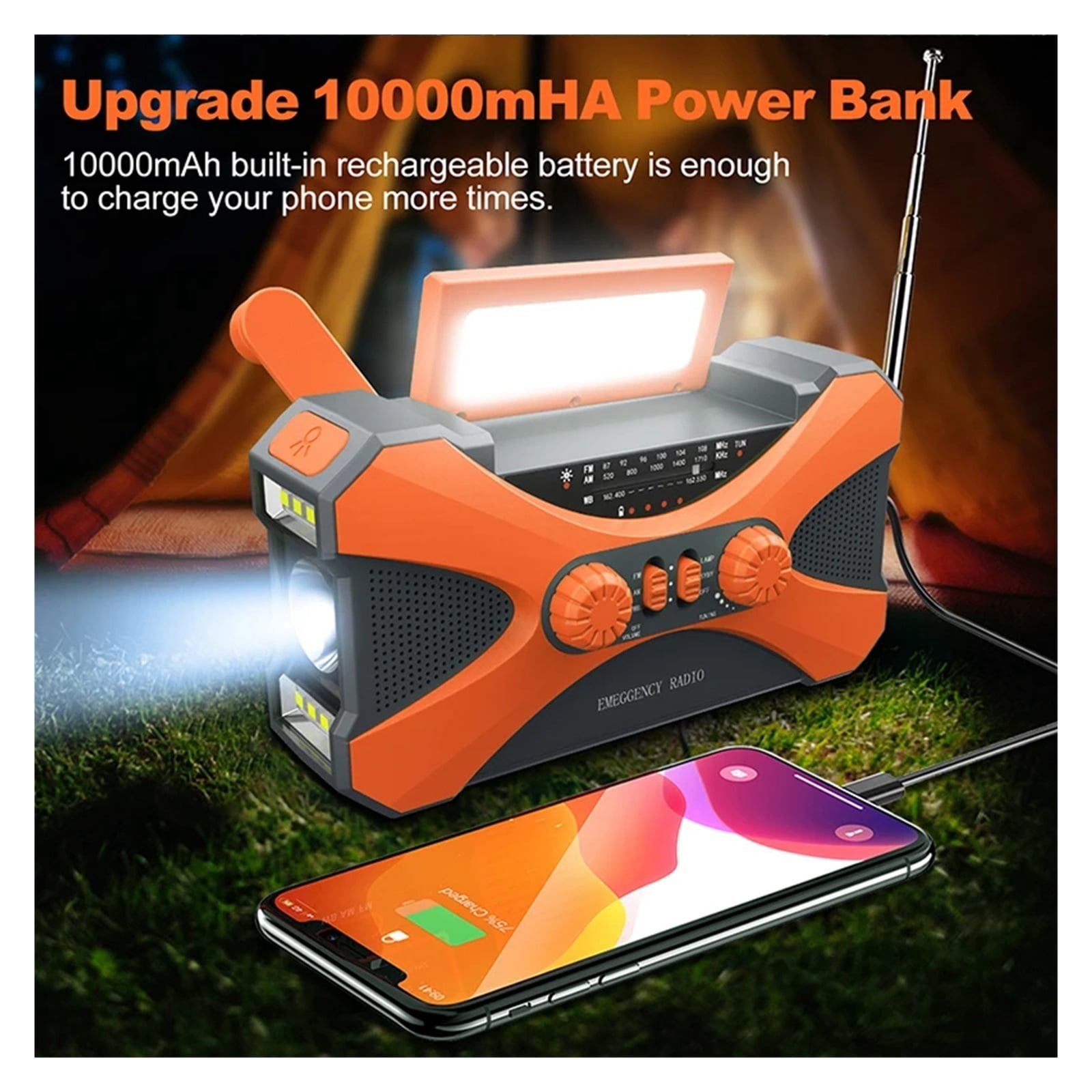 Emergency Flashlight Torch 10000mAh Power Bank Multifunctional Radio Hand Crank Solar USB Charging FM AM WB NOAA Weather Radio