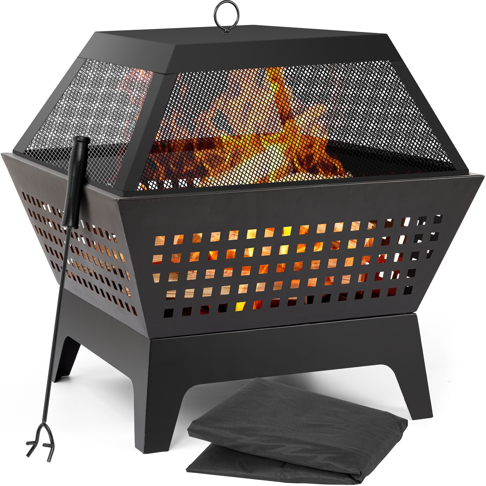 Fire Pit with Waterproof Cover Outdoor Wood Burning 24.4in Firebowl Fireplace Poker Spark Screen Retardant Mesh Lid Extra Deep Large Square Outside Backyard Deck Heavy Duty Metal Grate Black - Walmart.com