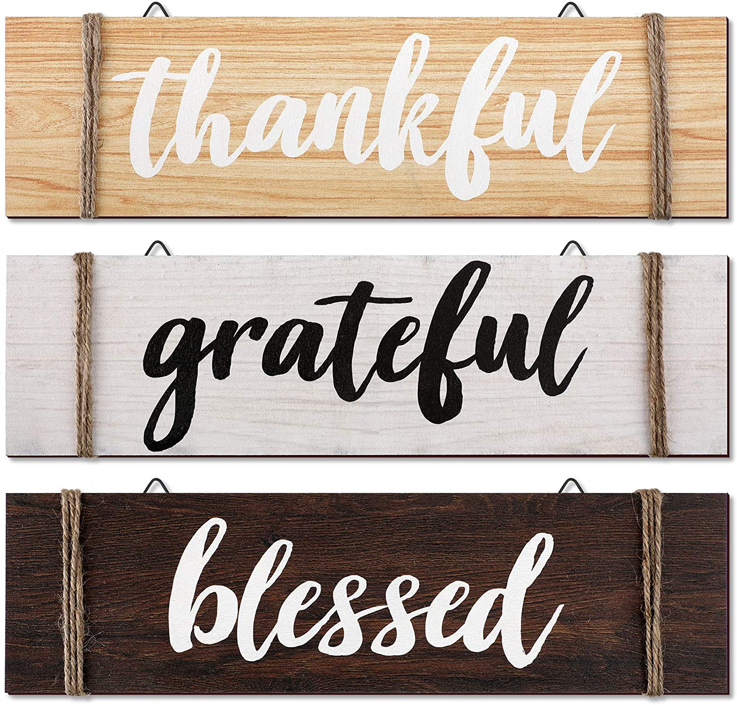 HTAIGUO Pieces Thankful Grateful Blessed Wood Sign Farmhouse Rustic  Wooden Quotes Home Wall Decor Thankful Grateful Blessed Hanging Wooden  Plaque for Farmhouse Entryway, 13.8 x 3.8 Inch
