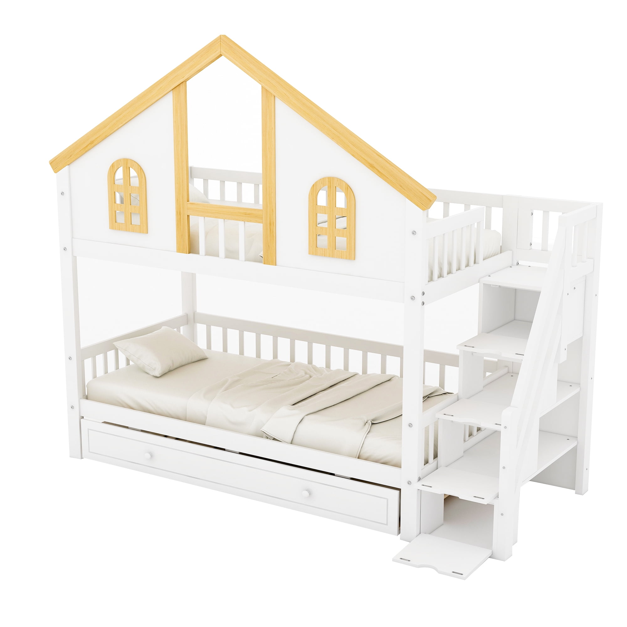 Euroco Wood Twin over Twin Bunk Bed with Trundle, House Bed with Storage Staircase, White