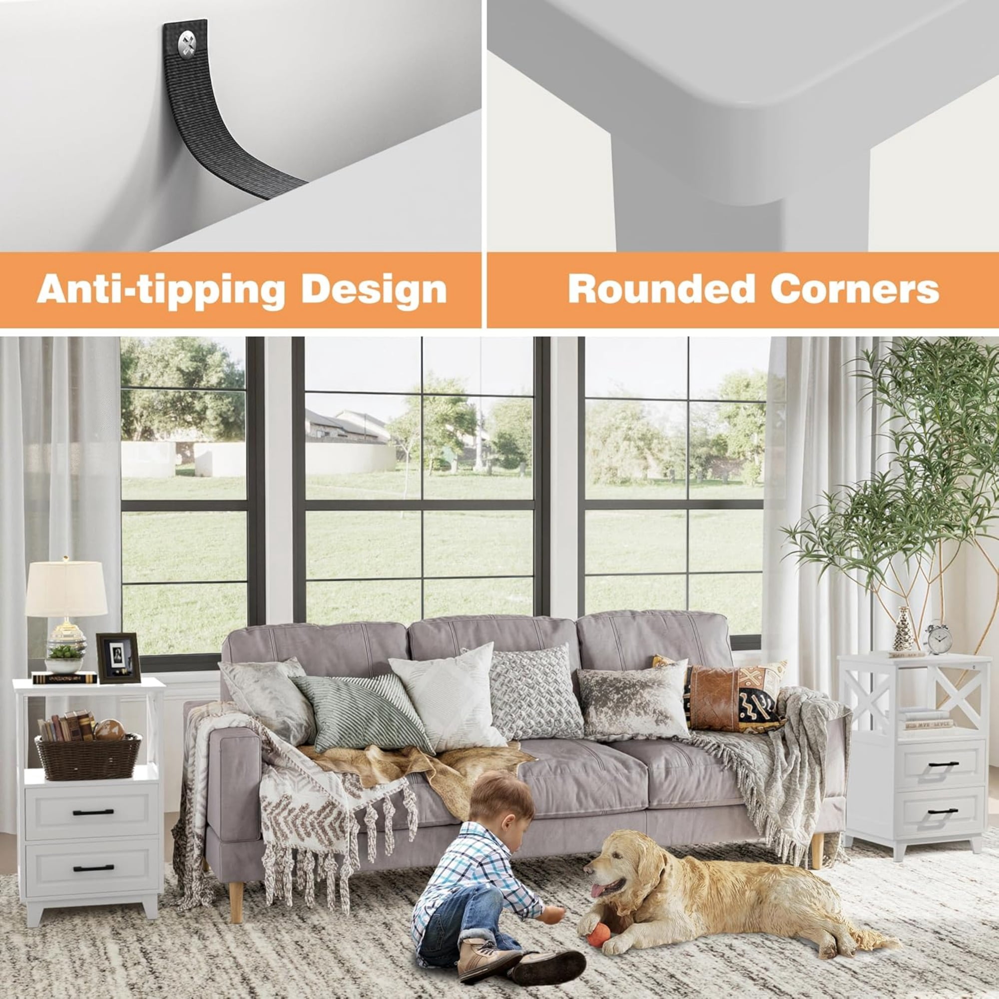 Cozy Home Tall Nightstand with 2 Drawers and Open Shelf, 2 Piece, White