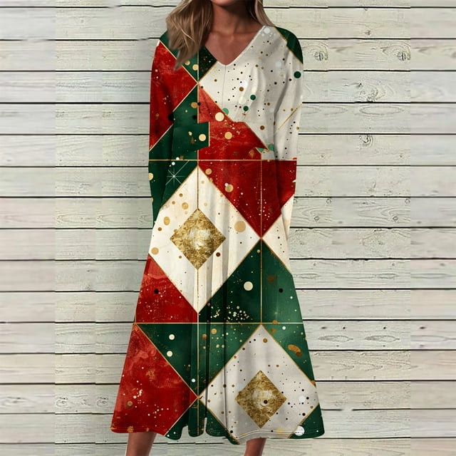 RKSTN Robes pour Femmes Robe de Noël à Manches Longues Col en V Couleur Unie Robe Mi-Mollet Robes Coupe Ample