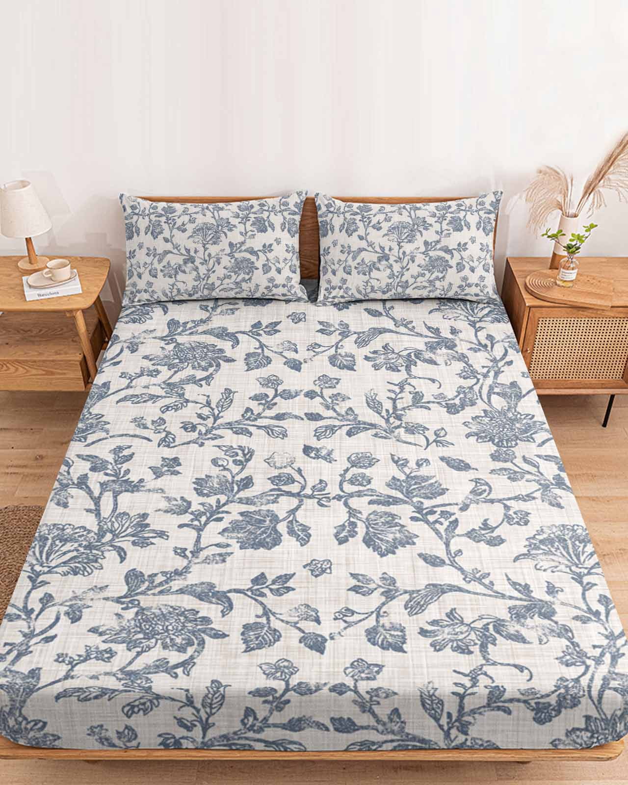 King Size Fitted Sheet Set - Farmhouse Blue Floral 3 Piece Bedding Sets 16" Deep Pocket Fitted Sheet with 2 Pillowcases, Vintage Botanical Leaves Burlap Brushed Microfiber Hotel Luxury Bed Sheets