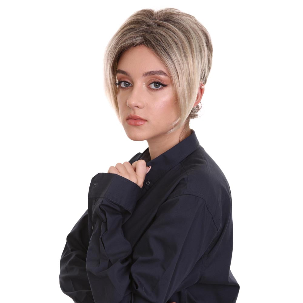HPO Adult Women's Short Pixie Wig with Blonde Highlights | Light Brown Capless Costume Hair Wig