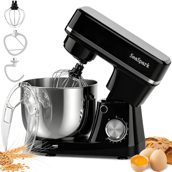 SeaSpark 3-in-1 Stand Mixer, 5.5 QT Tilt-Head 10 Speed Kitchen Electric Mixer with Egg Whisk, Dough Hook, Beater, Black