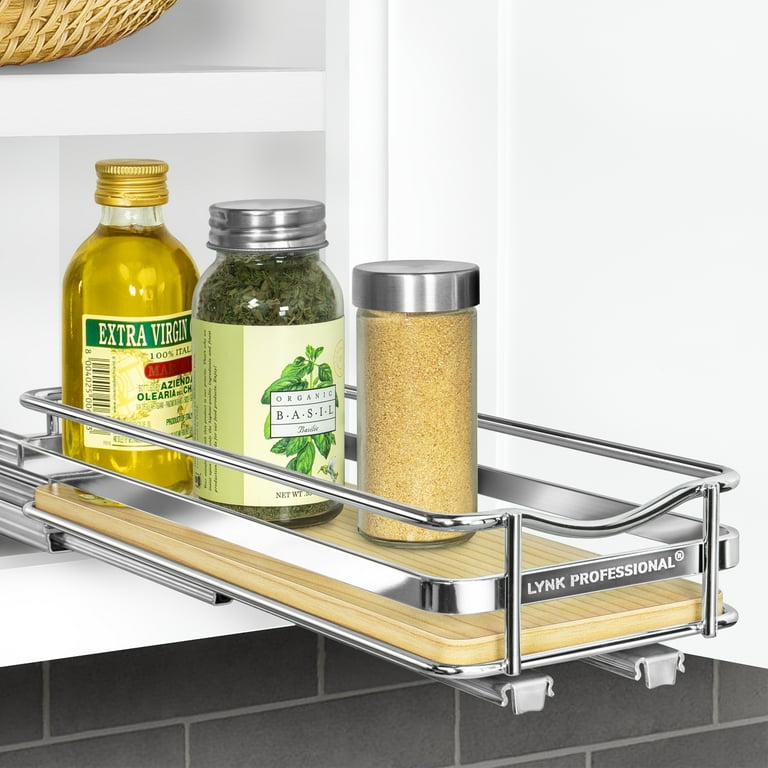 Lynk Professional Elite Pull Out Spice Rack Organizer for Cabinet, 4-1/4 in. Wide, Wood-Chrome, Silver