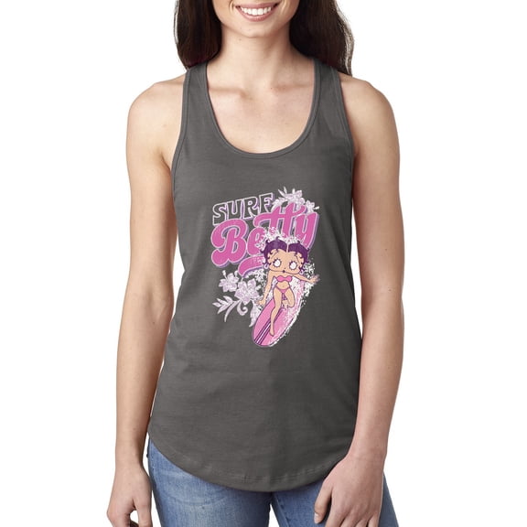 Wild Bobby, Shore Surfer Betty Boop Betty Boop Ladies Racerback Tank Top, Dark Grey, Medium