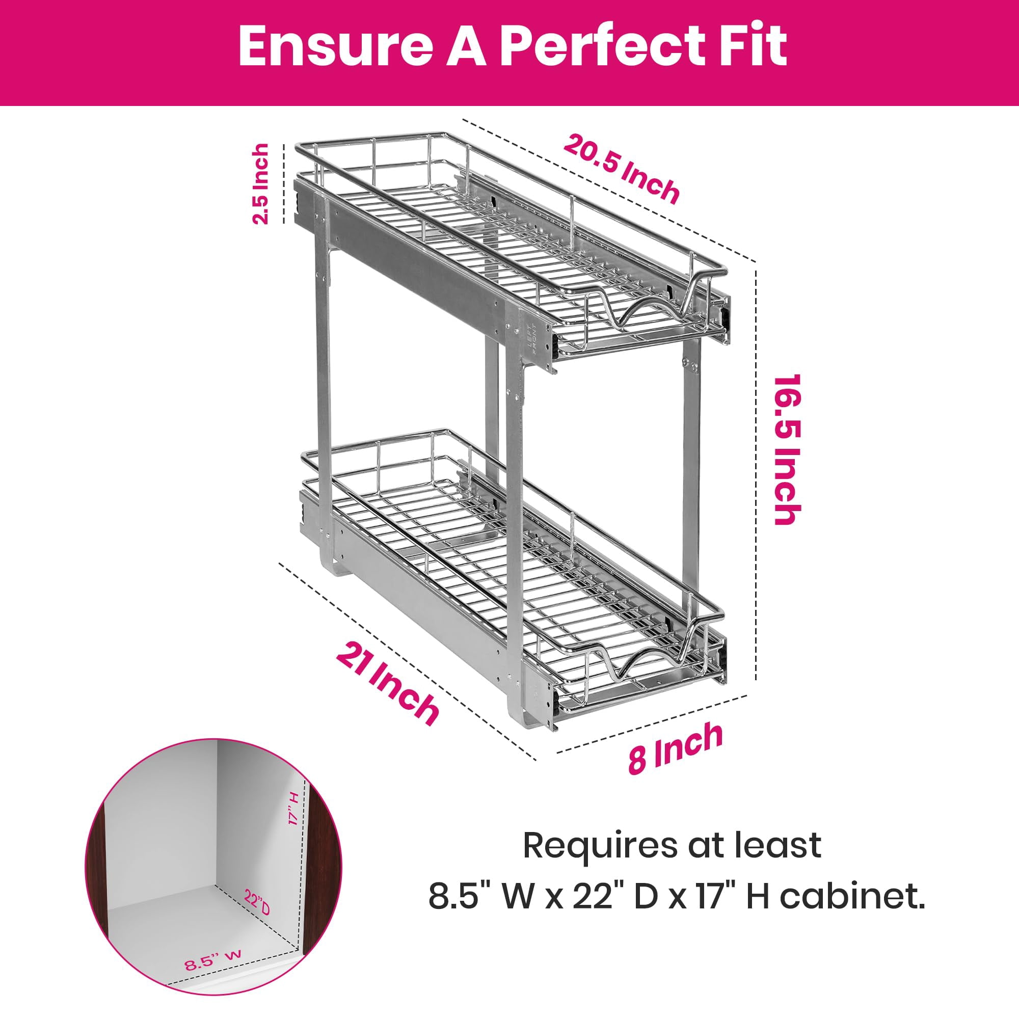 HOLDN' STORAGE 2-Tier Pull Out Cabinet Organizer Heavy Duty Steel Sliding Shelves for Kitchen Pantry and Under Sink Cabinets 8" W x 21" D x 16.5" H