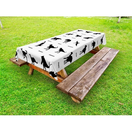 

Dinosaur Outdoor Tablecloth Collection of Different Dinosaurs Silhouettes with Their Names Evolution Wildlife Decorative Washable Fabric Picnic Table Cloth 58 X 84 Inches Black White by Ambesonne